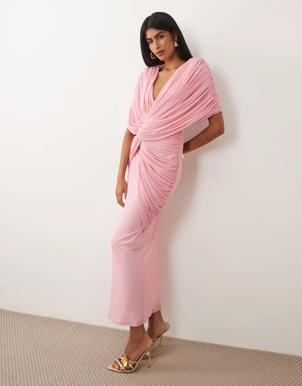 Женское платье макси ASOS Design с кейпом, V‑вырез, розовое