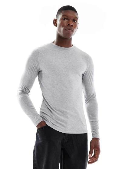 Футболка ASOS DESIGN muscle fit с длинным рукавом светло-серого цвета gray heather