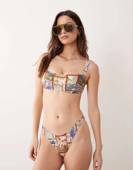 Укороченный топ-бикини Posey Mirissa с округлым вырезом и пышным бюстом от ASOS DESIGN с принтом в виде открытки