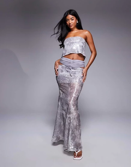 Юбка макси с рюшами и пайетками ASOS x из коллекции SOURCED COLLECTION серого цвета gray