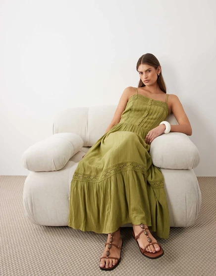 Женское макси-платье Miss Selfridge с кружевом, оливковое