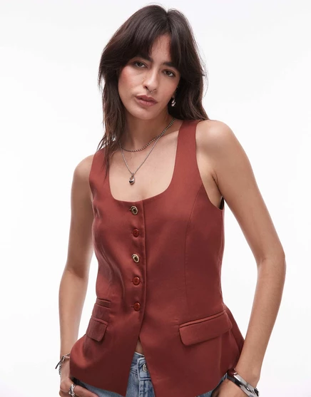 Удлиненный жилет премиум-класса Topshop для гостей на свадьбу с круглым вырезом коричневого цвета terrocota