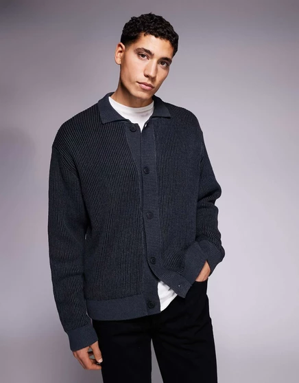 Кардиган из плотной вязки с воротником серого цвета dark gray melange