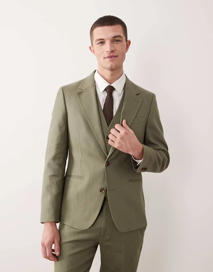ДИЗАЙНЕРСКИЙ пиджак-скинни ASOS из льна оливкового цвета rich olive