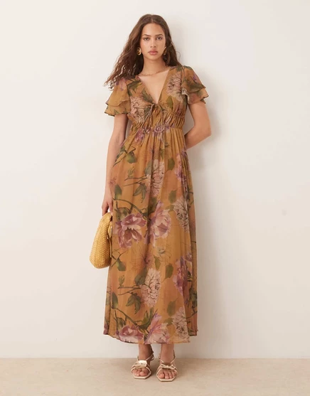 Макси-платье ASOS DESIGN с V-образным вырезом и рукавами-ангелочками и цветочным принтом floral print