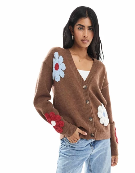 Кардиган с v-образным вырезом и цветами Daisy Street коричневого цвета. brown multi