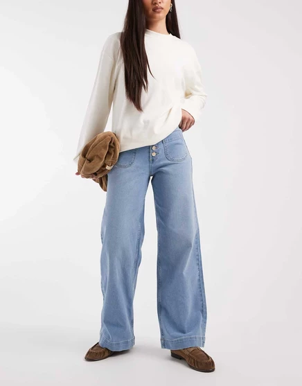 Широкие джинсы Vero Moda Kayla на пуговицах спереди из светло-голубого денима light blue denim
