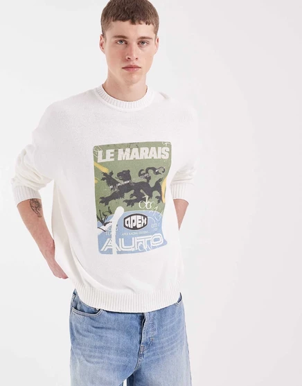 ДИЗАЙНЕРСКИЙ свитер оверсайз из трикотажа ASOS с круглым вырезом и принтом Le Marais цвета экрю ecru
