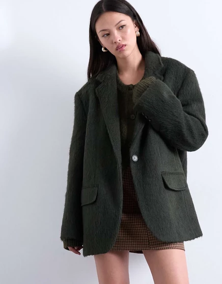 Удлиненный шерстяной блейзер-пальто Topshop из смесовой шерсти на одной пуговице зеленого цвета хаки khaki