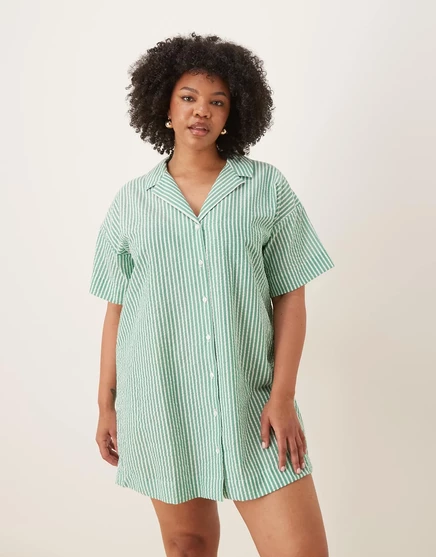 Платье-рубашка ASOS DESIGN Curve для боулинга в зеленую полоску green stripe
