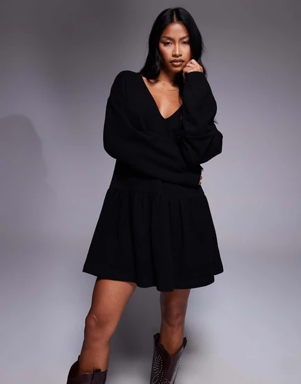 Черное мини-платье ASOS DESIGN super soft с V-образным вырезом спереди и заниженной талией black