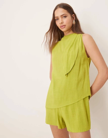 ДИЗАЙНЕРСКИЙ льняной комбинезон ASOS с двухслойной завязкой на шее цвета лайма pale green