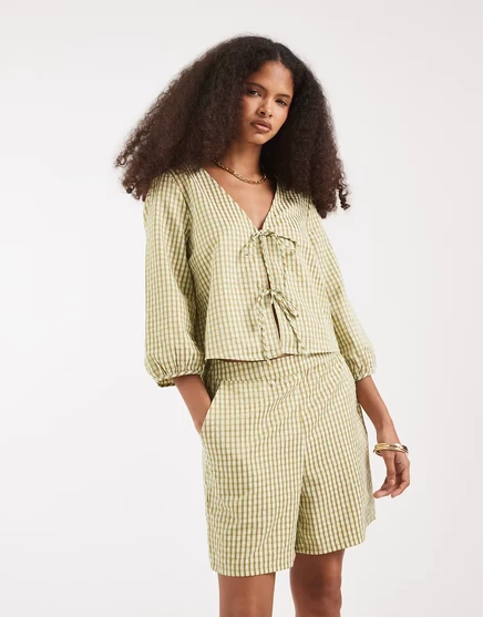 Женские шорты Vero Moda с высокой талией в клетку, зелёные
