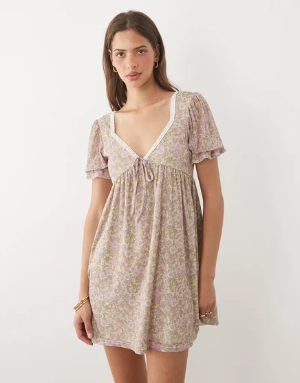 Женское мини-платье Miss Selfridge baby-doll с пышными рукавами, цветочный принт