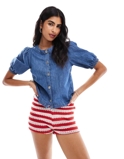Джинсовый топ Miss Selfridge с пышными рукавами темно-синего цвета mid wash