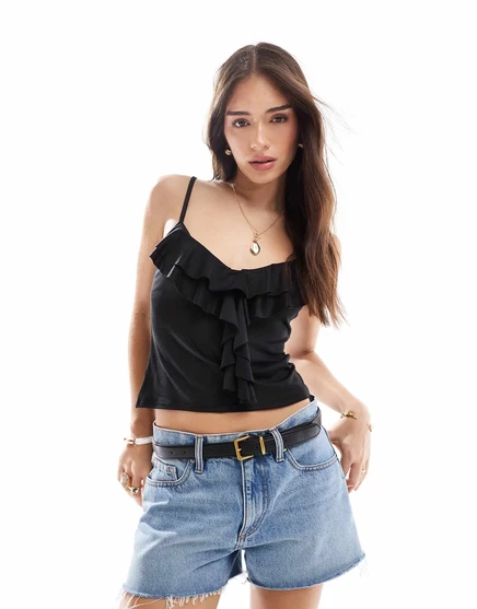 Черный батистовый топ Miss Selfridge с оборками по низу black