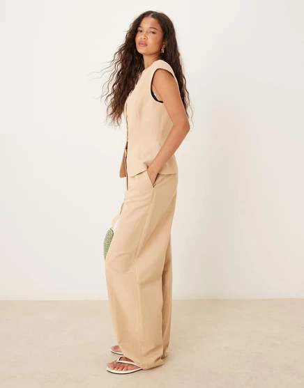 ДИЗАЙНЕРСКИЕ брюки-бочкообразки ASOS из льняной смеси нейтрального оттенка, сшитые на заказ neutral