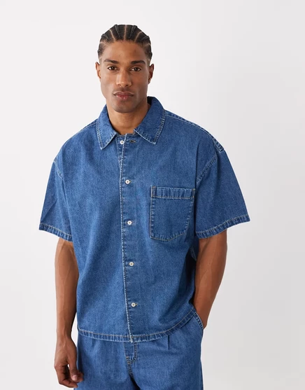 Мужская джинсовая рубашка Jack&Jones короткий рукав, синяя