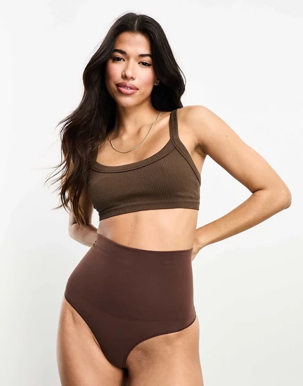 Коричневые бесшовные стринги с завышенной талией Vero Moda brown