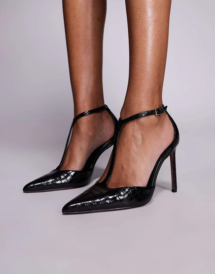 ДИЗАЙНЕРСКИЕ Туфли на высоком каблуке Prime T bar широкого кроя от ASOS черного цвета black croc