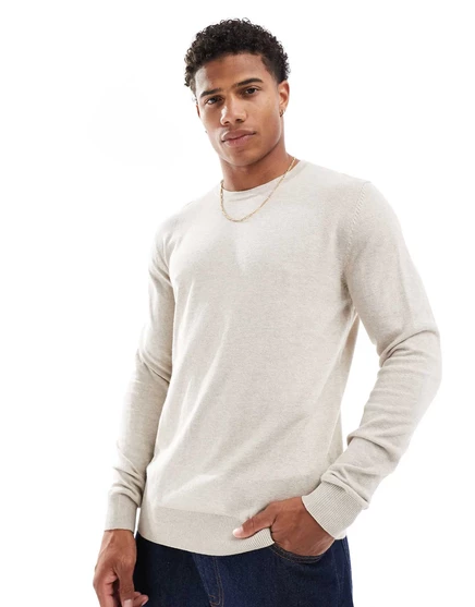 Бежевый свитер с круглым вырезом Jack &Jones fine gauge oatmeal detail melange