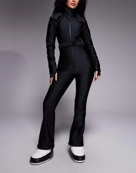 Лыжный костюм ASOS 4505 Hourglass Ski soft shell с поясом, зауженными штанинами и капюшоном из искусственного меха черного глянца black gloss
