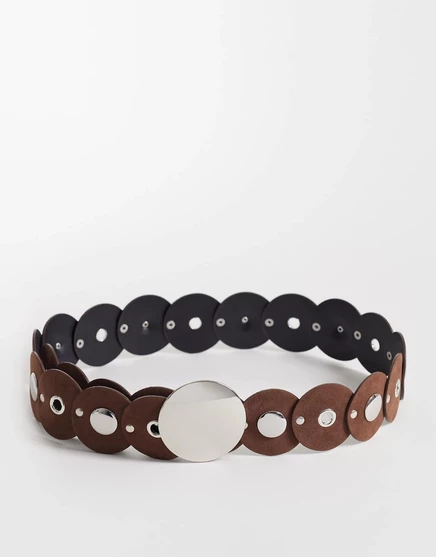 Дисковый ремень ASOS DESIGN circle с серебристой фурнитурой коричневого цвета