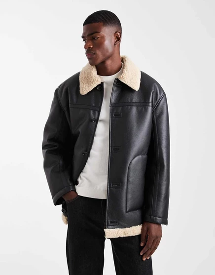 ДИЗАЙНЕРСКАЯ куртка-авиатор оверсайз от ASOS с контрастным воротником черного цвета black