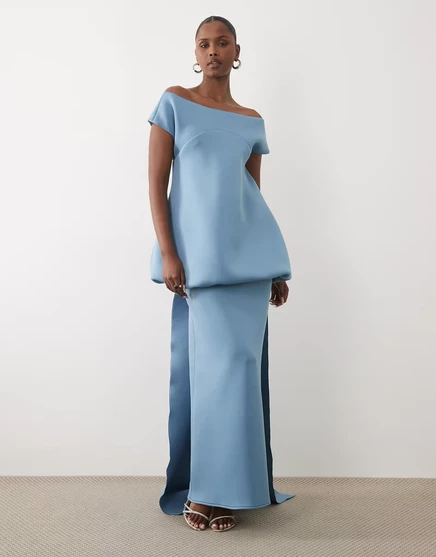 Женское платье ASOS Design Bardot макси со шлейфом и объемным лифом, синее