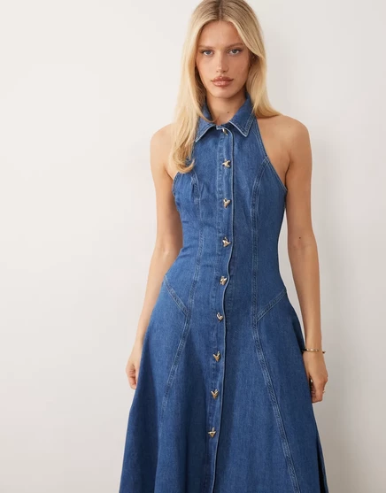Женское миди-платье ASOS Luxe плиссе с пуговицами, голубое