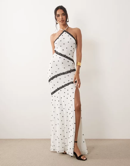 Женское макси-платье ASOS Design на завязке в горох, белое