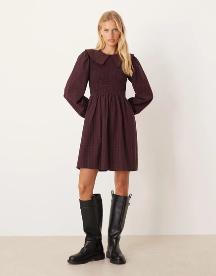 Мини-платье-халат YAS с воротником-стойкой в бордовую клетку port royal plaid