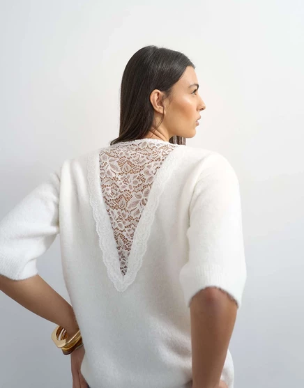 Topshop knit short sleeve lace back detail sweater in ivory ivory