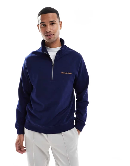 Непринужденная темно-синяя толстовка Jack &Jones с застежкой-молнией на четверть дюйма ocean cavern