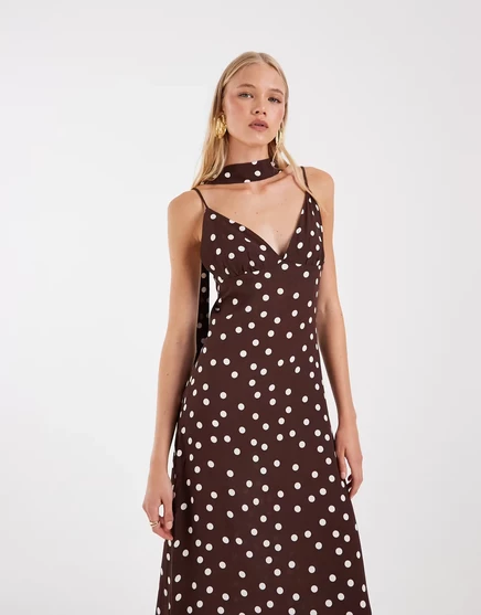 Женское макси-платье Vero Moda, шоколадное в белый горошек
