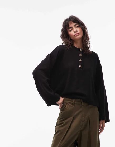 ЧЕРНЫЙ топ Henley оверсайз от ASOS DESIGN super soft touch черного цвета black