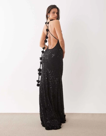 Oh Polly premium embellished plunge tie back floral detailing maxi dress in black black