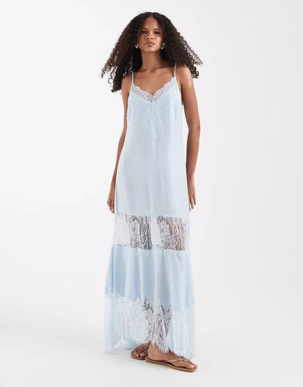 Женское макси-платье Asos Design с кружевом и асимметричным подолом, синее