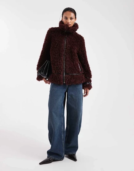 Женская куртка Miss Selfridge aviator борг оверсайз, шоколадная