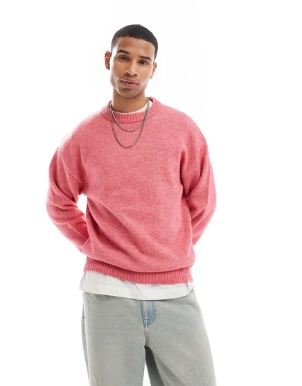 Объемный пушистый свитер с круглым вырезом Jack &Jones розового цвета fuchsia rose