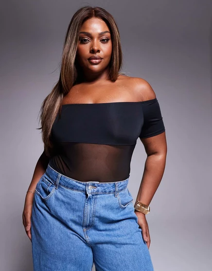 Облегающее боди из сетчатой ткани ASOS DESIGN Curve bardot черного цвета black