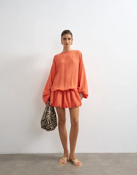 Женское мини-платье TopShop с рукавом-фонариком, коралловое