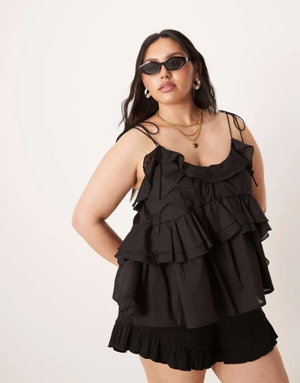 ОБЛЕГАЮЩИЙ топ с оборками и завязками черного цвета от ASOS DESIGN Curve black
