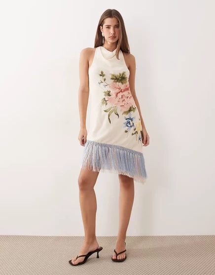 Женское мини-платье ASOS Design с вышивкой и бахромой, пудровое