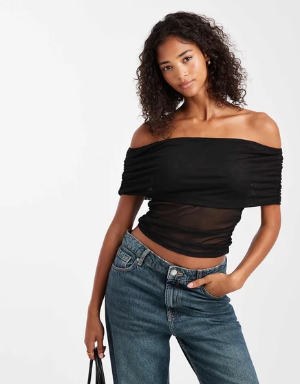 ДИЗАЙНЕРСКИЙ сетчатый топ ASOS черного цвета с отложными рюшами на плечах black