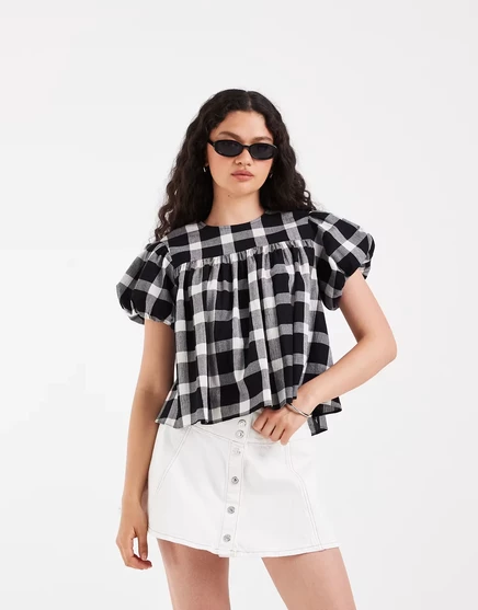Женский топ ASOS Design babydoll с пышными рукавами, в клетку
