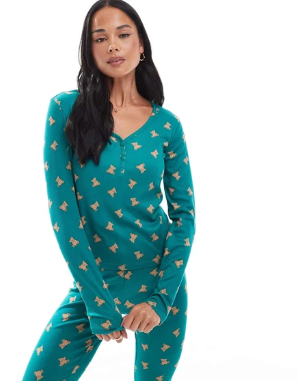 Пижамный топ henley в рубчик с принтом тедди Urban Threads бирюзового цвета teal