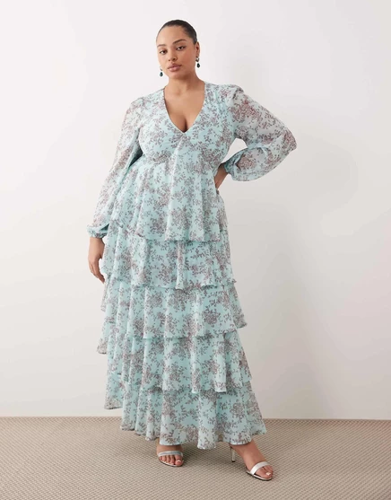 Pretty Lavish Curve ruffle maxi dress in blue floral seaspray & brown
