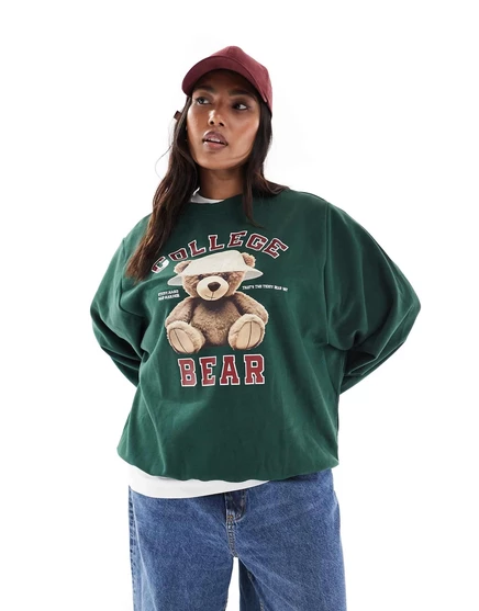 Толстовка ONLY Curve oversize с принтом плюшевого мишки темно-зеленого цвета dark green