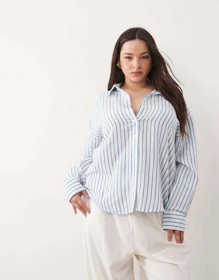 Рубашка ASOS DESIGN Curve из льняной смеси в синюю полоску stripe 1